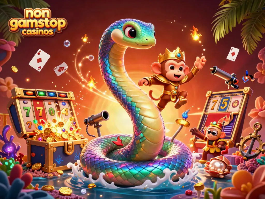 Experience non gamstop casinos with an exciting 3D illustration of vibrant slot-themed characters and treasure elements.