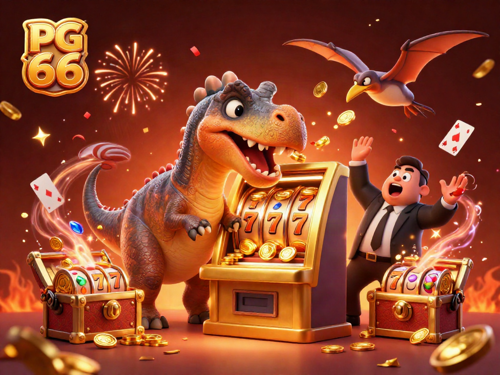 Experience PG 66's thrilling jackpot moment as a dinosaur interacts with a golden slot machine in an action-packed casino scene.