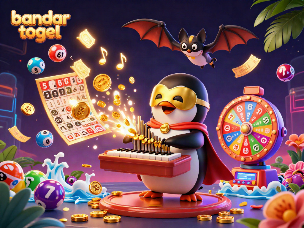 Experience excitement with bandar togel as vibrant lottery balls bounce around a whimsical penguin playing an organ.