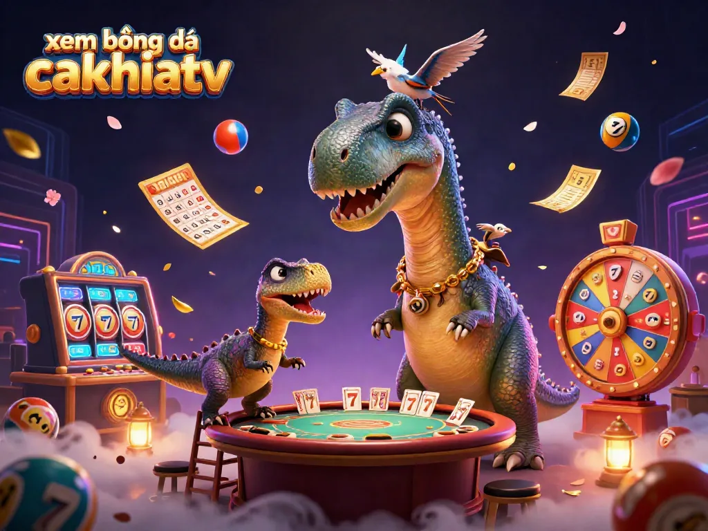 Engage with live sports on xem bóng đá cakhiatv featuring a humorous brontosaurus and raptor at a poker table.