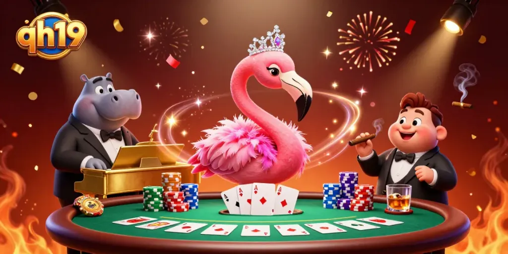 Experience the thrill of qh19 in a vibrant casino scene with flamingos and poker action.