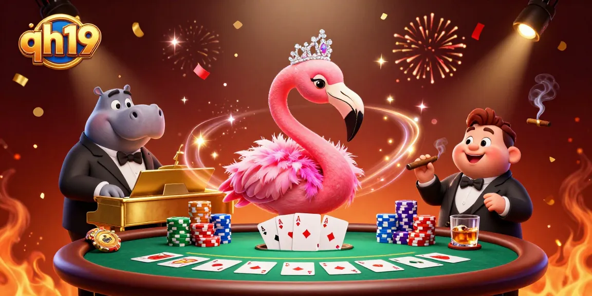 Experience the thrill of qh19 in a vibrant casino scene with flamingos and poker action.