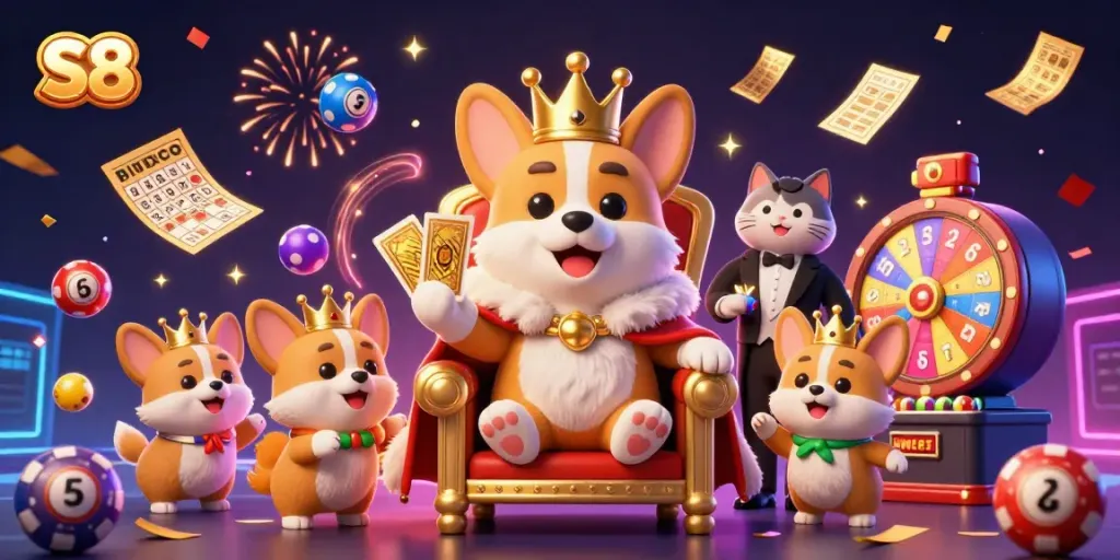 Engage in thrilling games at S8 with a vibrant casino scene showcasing a royal corgi on a poker chip throne.
