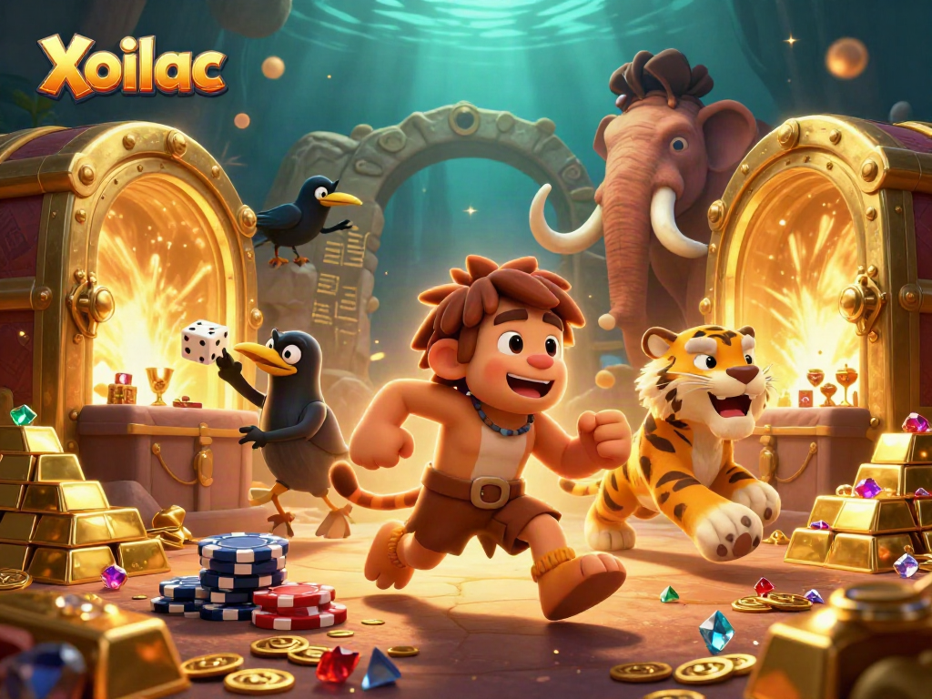 Xoilac features a cartoon caveman and sabertooth tiger running a lively prehistoric casino