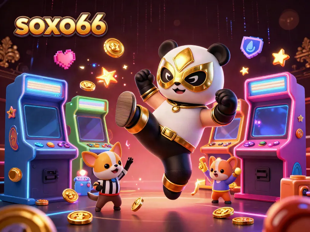 Experience the thrill of gaming with soxo66 as a panda wrestler kicks off excitement in this vibrant 3D scene.