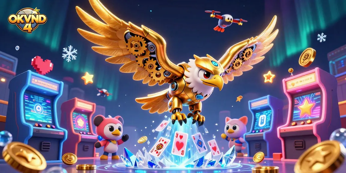 Experience the excitement of OKVND 4 with a dynamic illustration of a cybernetic eagle and casino elements.