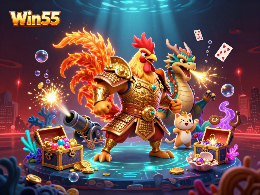 Win55 ignites excitement with a fighting rooster and dragon in an immersive casino experience.