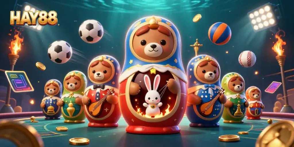 Experience the excitement of HAY88 as bears delight in casino games while playing amidst dynamic sports elements.