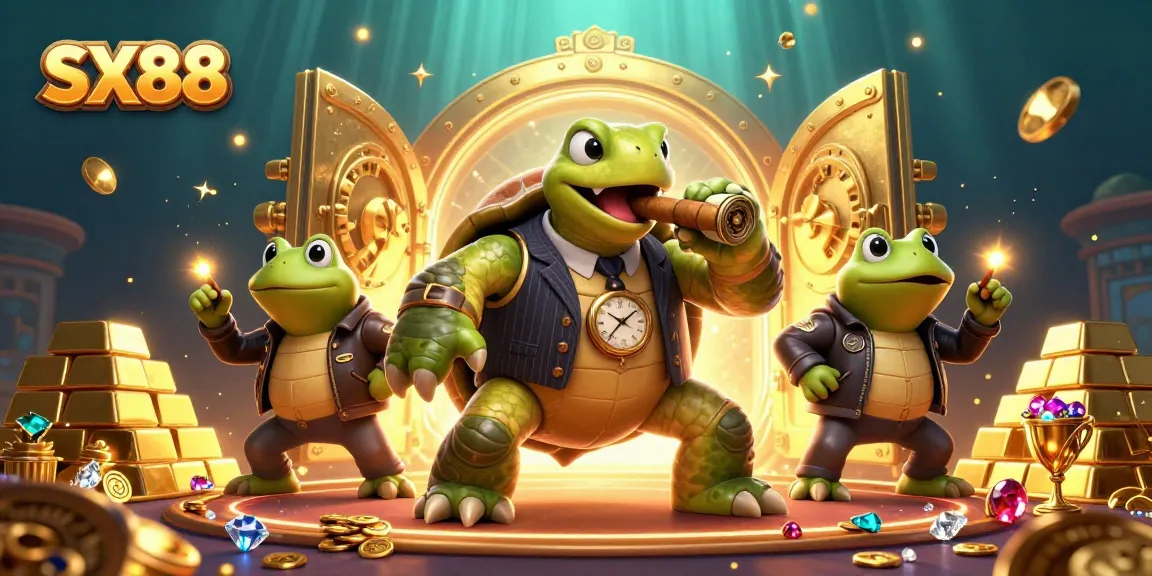 SX88 showcases a fun casino atmosphere with a turtle and bullfrogs among gold treasures.