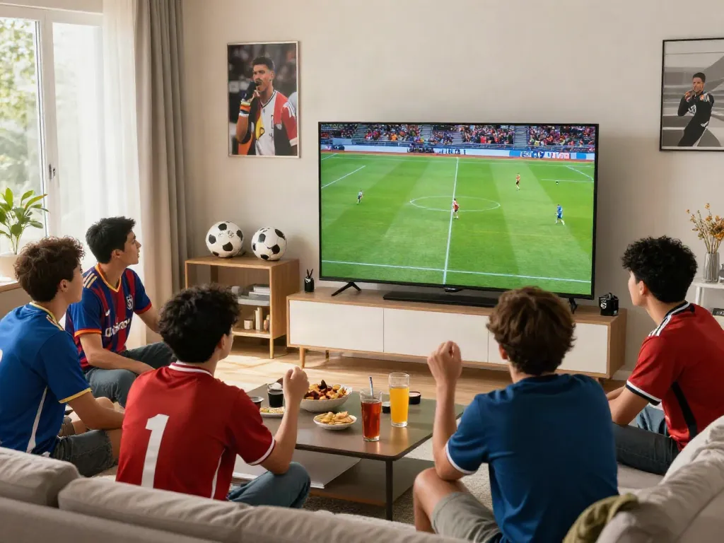 Fans enjoying a live football match on Thapcamtv in a vibrant living room.