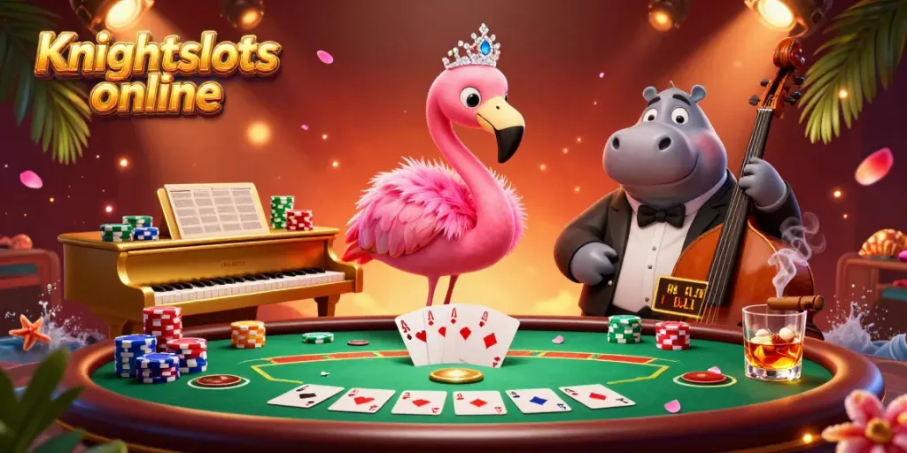 Experience the thrilling excitement of Knightslots online with a vibrant casino scene featuring lively characters and dynamic game elements.