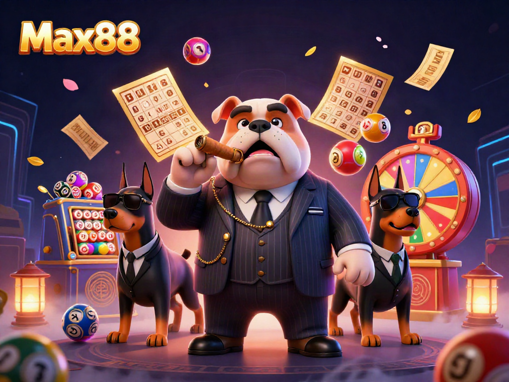 Max88 showcases fun lottery elements with a mafia boss bulldog and Doberman bodyguards in a casino vibe.