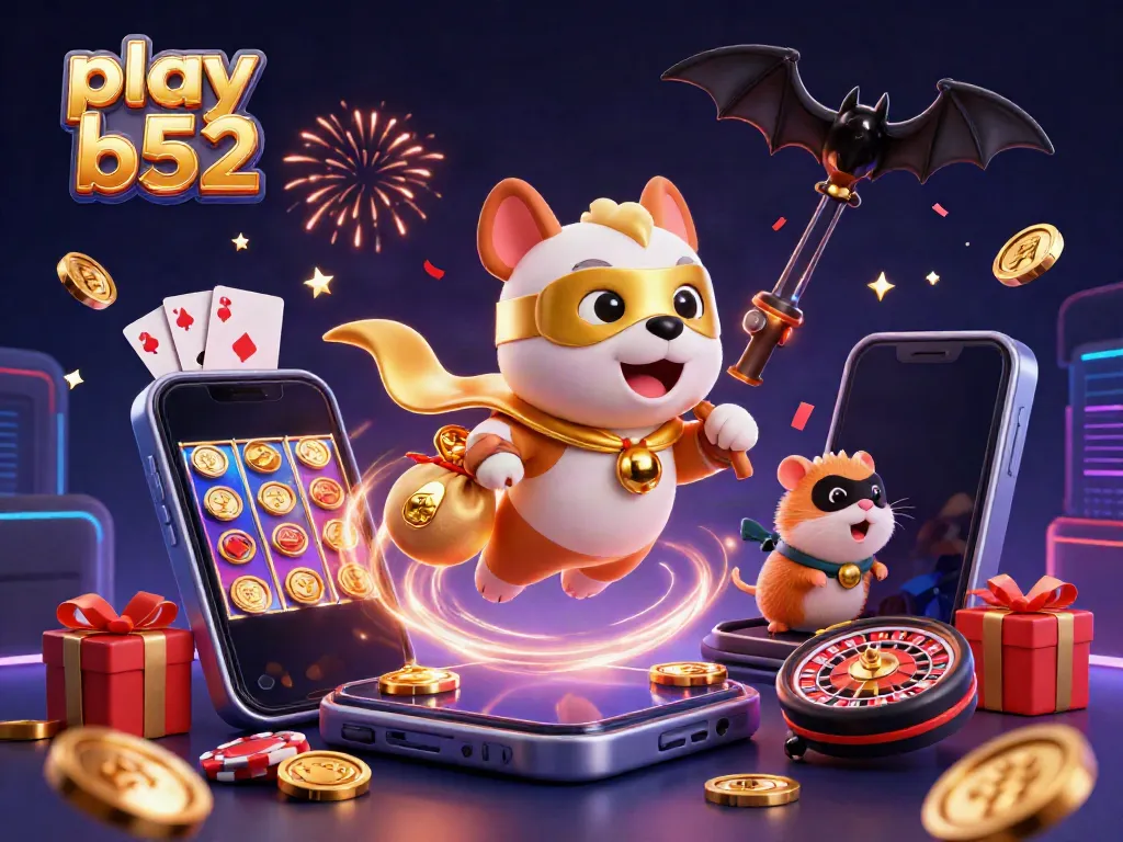 Play B52 to experience excitement as the superhero dog soars with gold coins in a vibrant casino setting.