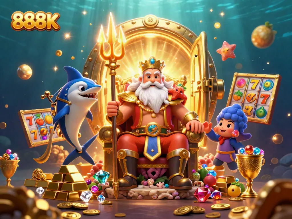 Experience lucky wins with 888K in this vibrant 3D illustration of Neptune at his treasure-filled casino.