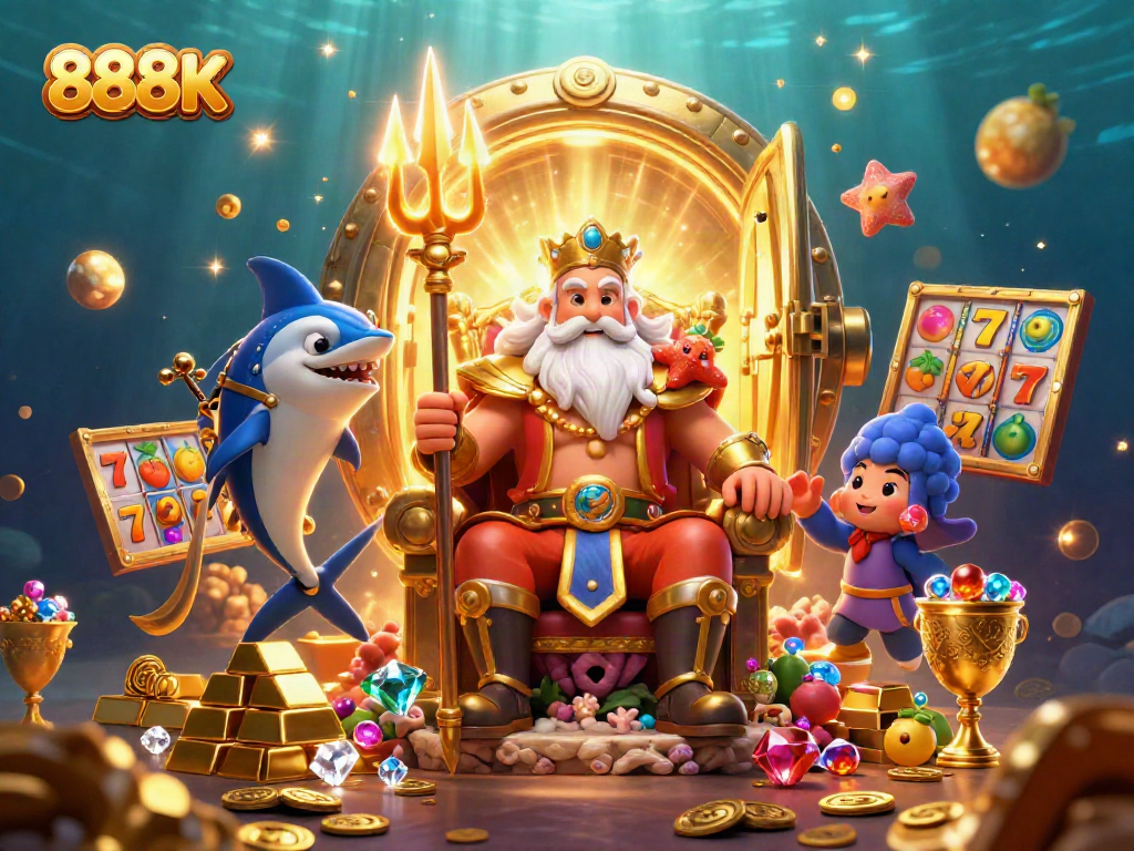 Experience lucky wins with 888K in this vibrant 3D illustration of Neptune at his treasure-filled casino.