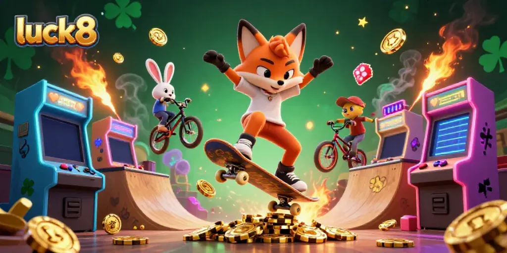 Experience the thrill of luck8 with a vibrant 3D casino scene featuring playful characters and engaging game elements.
