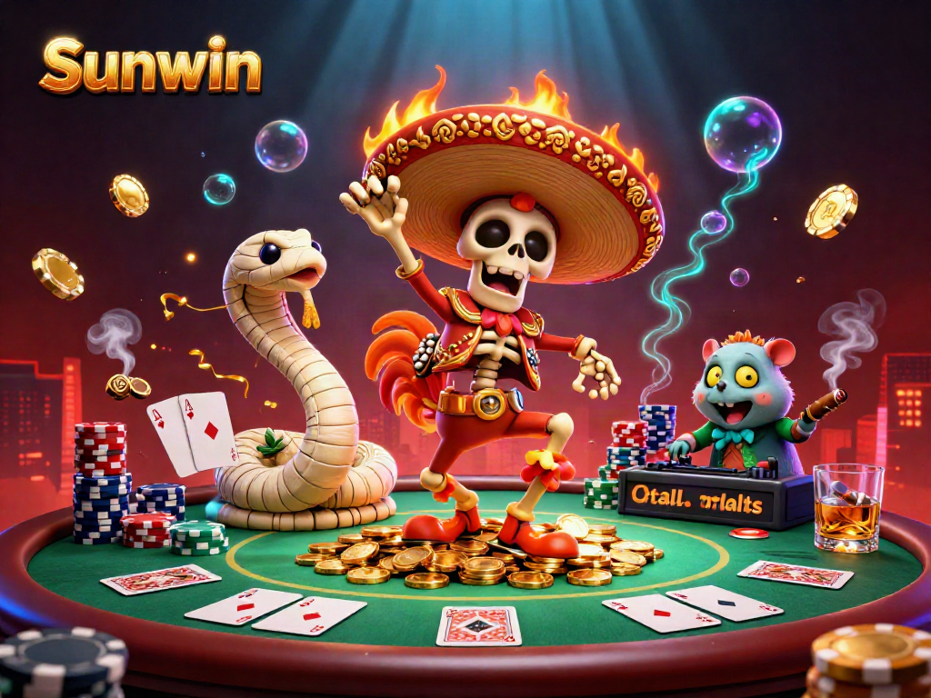 Sunwin celebrates with a mariachi rooster, golden coins, and thrilling poker elements around.