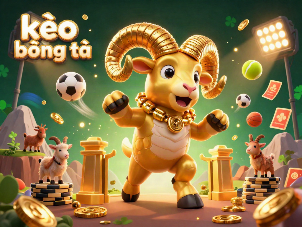 Engage in kèo bóng đá action with dynamic sports elements, featuring a massive golden ram and goat spectators.