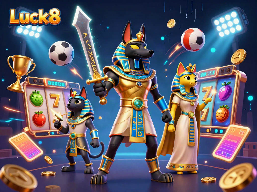 Experience thrilling gameplay at Luck8 with Anubis and Bastet amidst dynamic casino elements.