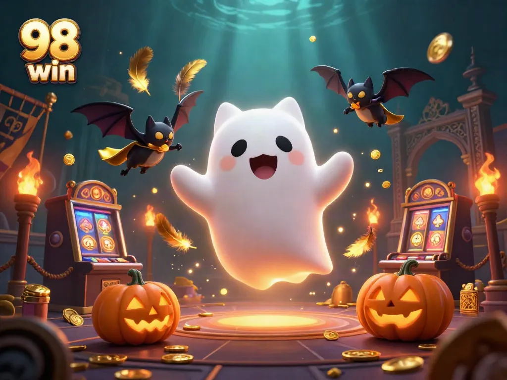 Play slots in the haunted casino with the ghostly cat in 98 win-themed illustration.