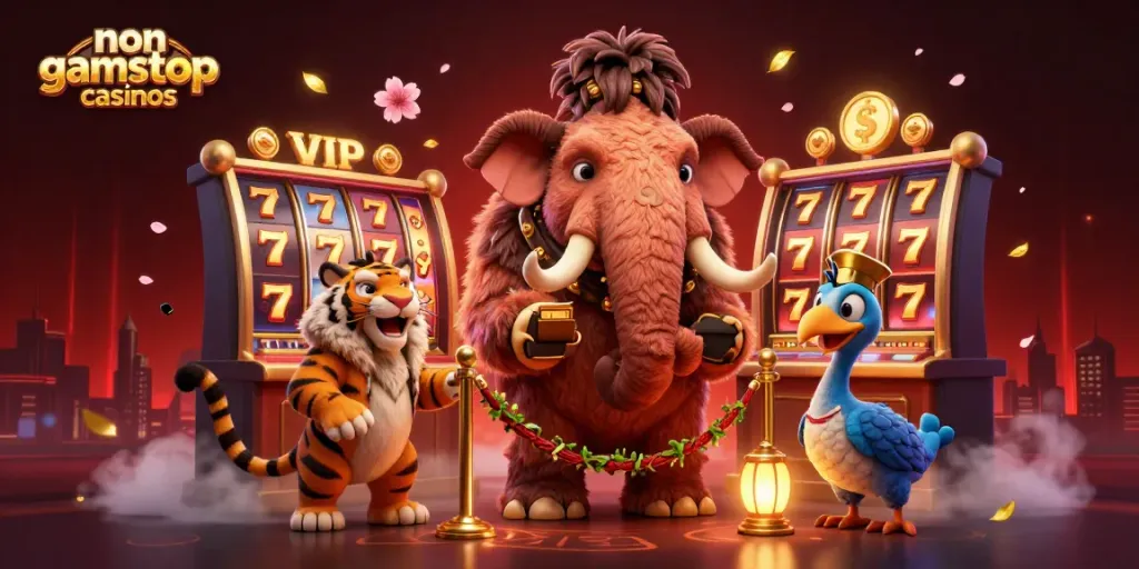 Experience thrilling action at non gamstop casinos with a vibrant casino scene featuring unique characters.