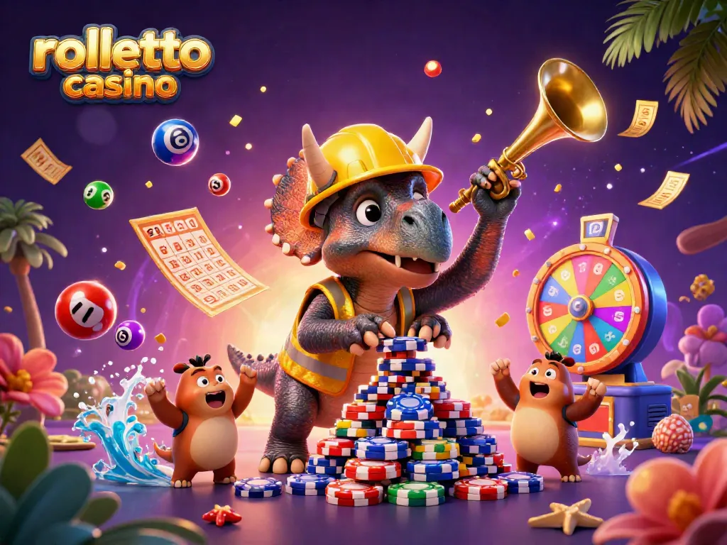 rolletto casino scene featuring a triceratops and parasaurolophus in a vibrant, dynamic gambling illustration