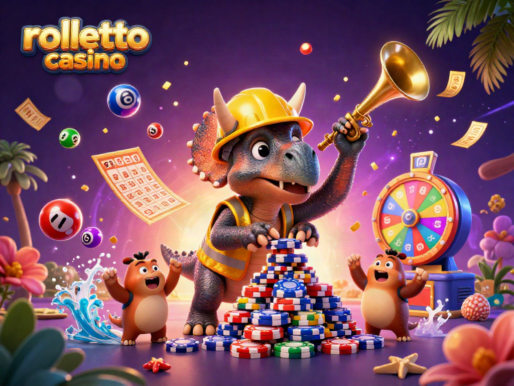 rolletto casino scene featuring a triceratops and parasaurolophus in a vibrant, dynamic gambling illustration