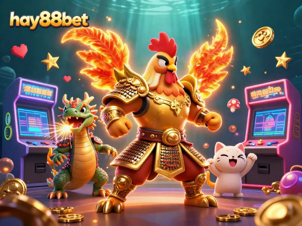 Experience the thrills of hay88bet with a vibrant battle scene of a rooster warrior, dragon, and fortune cat amid colorful gaming elements.