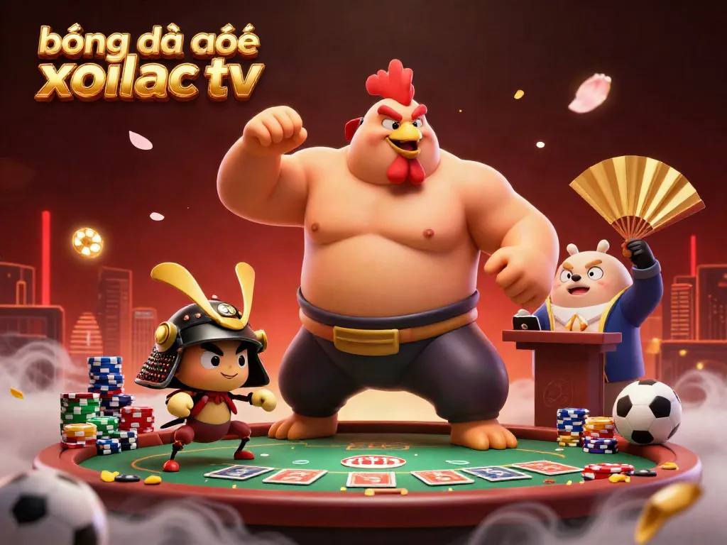 The scene depicts a thrilling sports betting atmosphere with a powerful sumo rooster and a fierce samurai cricket, showcasing bóng đá trực tuyến xoilac tv's excitement.