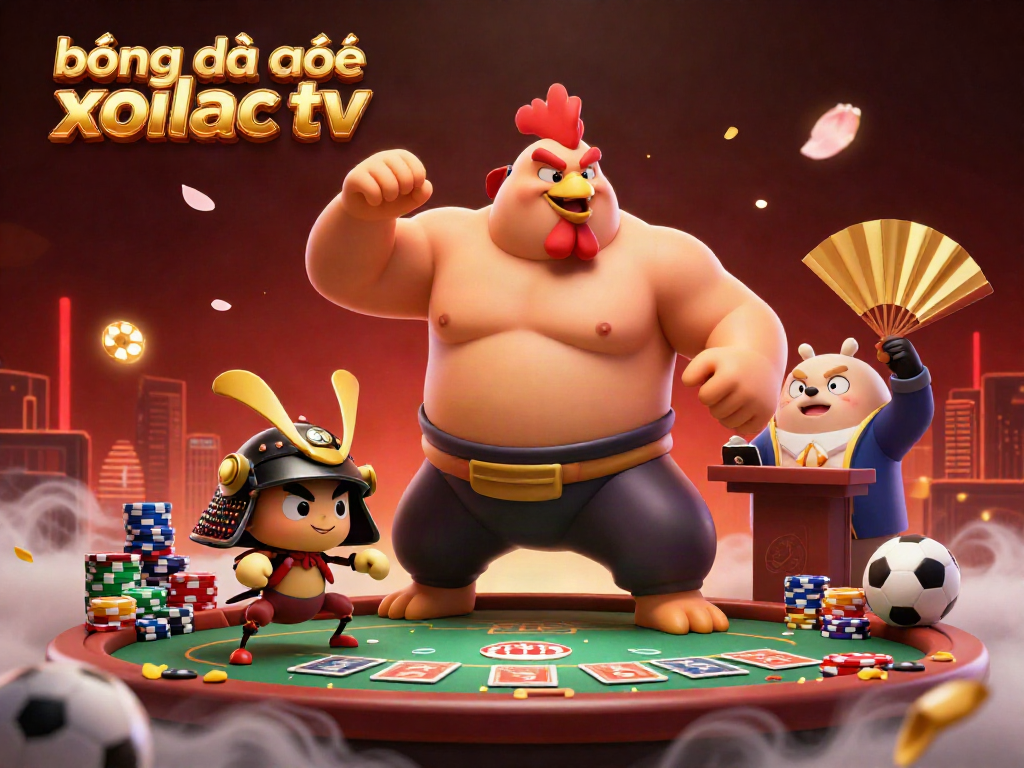 The scene depicts a thrilling sports betting atmosphere with a powerful sumo rooster and a fierce samurai cricket, showcasing bóng đá trực tuyến xoilac tv's excitement.