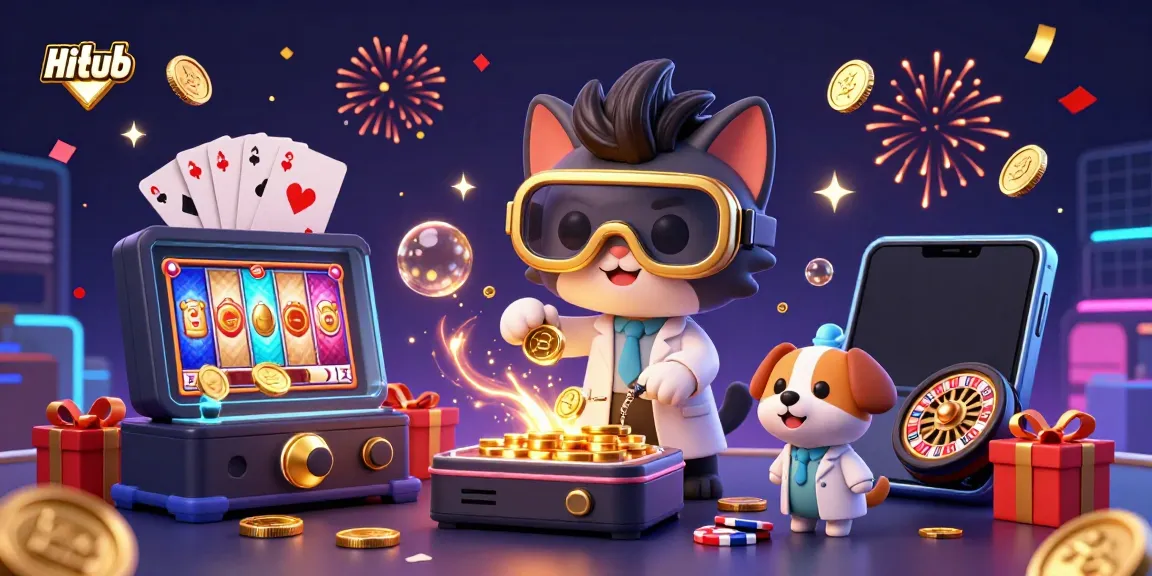 Engage with Hitclub's exciting slot machine experience featuring a playful mad scientist cat and dog duo.