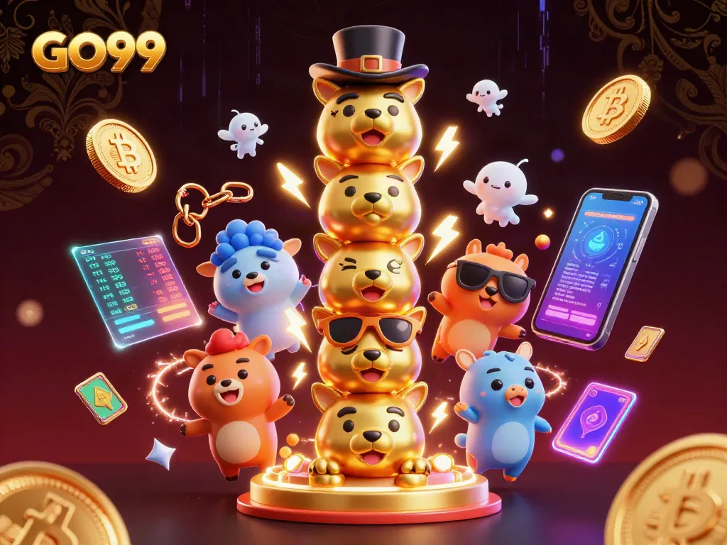 Spin the reels with GO99 in a vibrant 3D casino scene filled with animated characters and crypto elements.