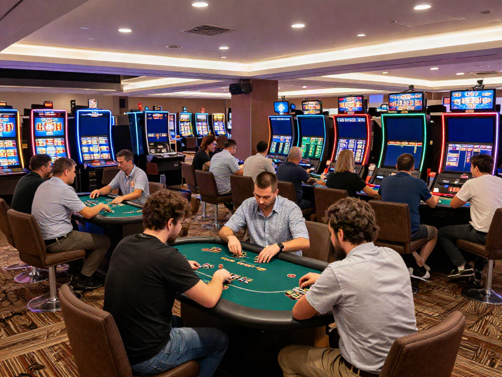 Engaged players enjoying diverse games at 9bet casino with vibrant atmosphere.