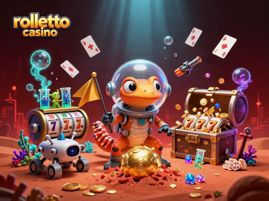 Experience rolletto casino's vibrant gameplay with animated slot reels and a Martian gecko discovering treasures.