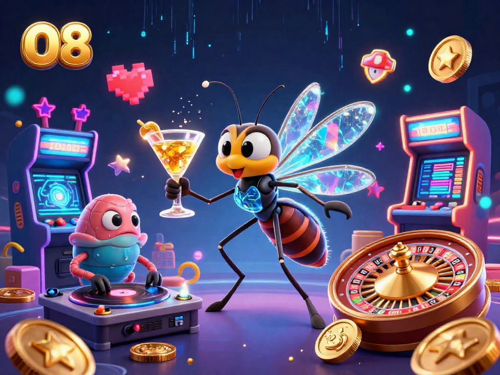 Engage with O8's vibrant casino experience featuring a unique frozen-in-amber mosquito mascot