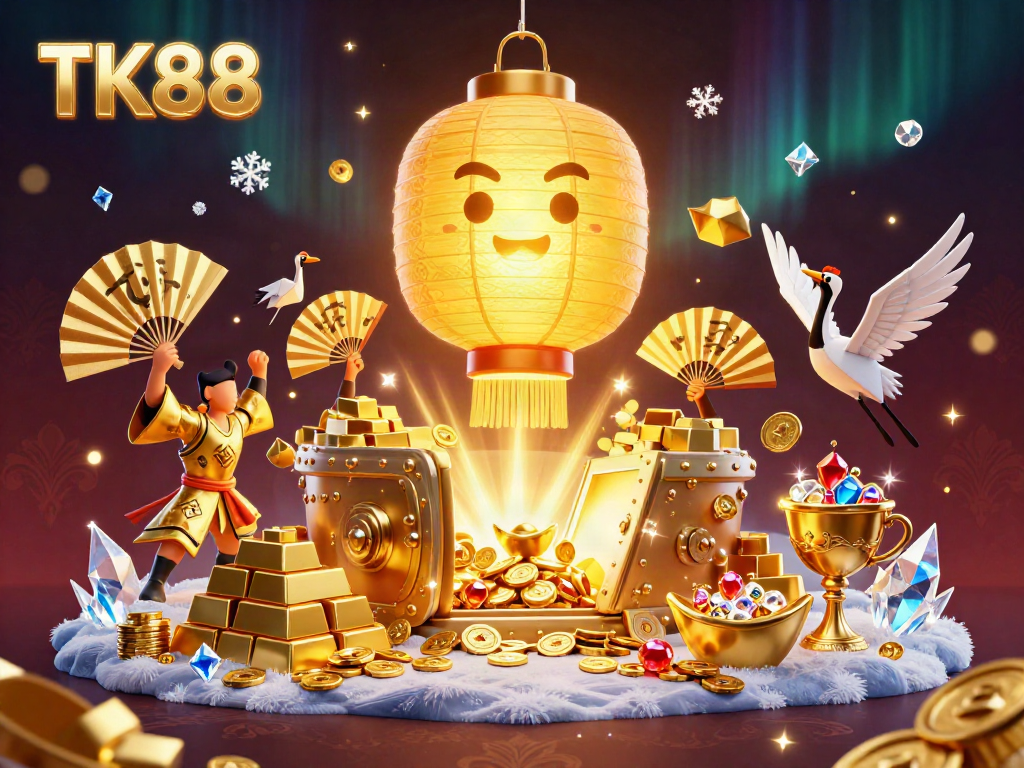 Experience the excitement of TK88 as a glowing lantern spirit floats above a vibrant casino scene.