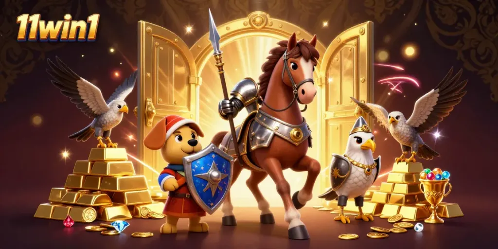 Experience thrilling adventures at 11win1 with medieval-themed characters amidst dazzling treasures and casino elements.