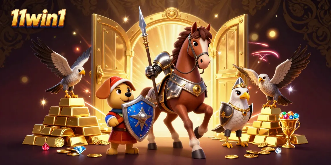 Experience thrilling adventures at 11win1 with medieval-themed characters amidst dazzling treasures and casino elements.