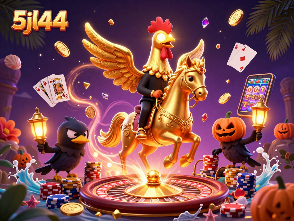 Engage with thrilling casino action in 5jl44, featuring a golden rooster and vibrant game elements.