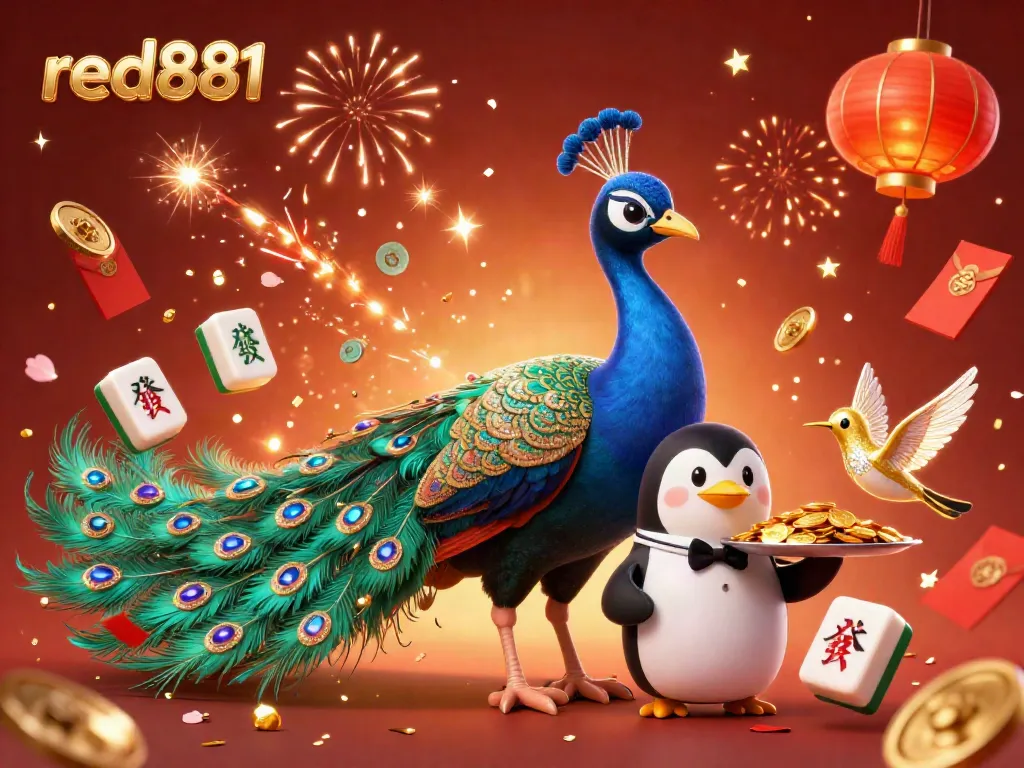 Experience the vibrant energy of red881 with a 3D peacock and penguin, showcasing golden chips and festive gaming elements.