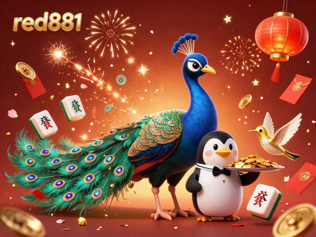 Experience the vibrant energy of red881 with a 3D peacock and penguin, showcasing golden chips and festive gaming elements.