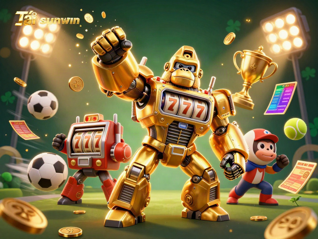 Experience the thrill of Tải sunwin with a golden gorilla mech and dynamic gaming elements.
