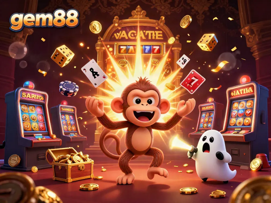 Experience the fun of gem88 with a playful 3D poltergeist monkey juggling Casino essentials in a lively gaming scene.