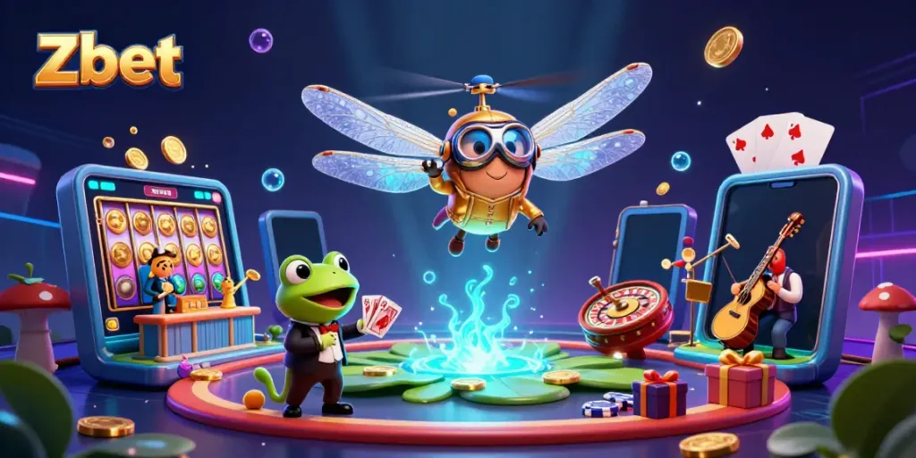 Experience Zbet's exciting casino atmosphere with a helicopter pilot and a frog croupier in this dynamic illustration.