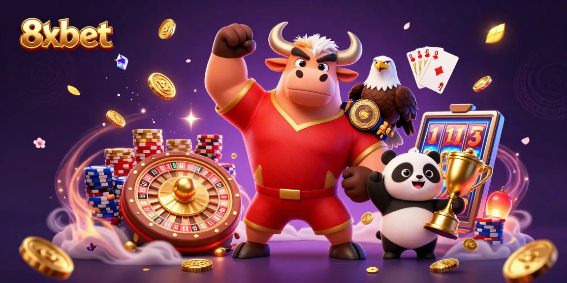 Win big at 8xbet with a three-character celebration scene filled with casino elements.
