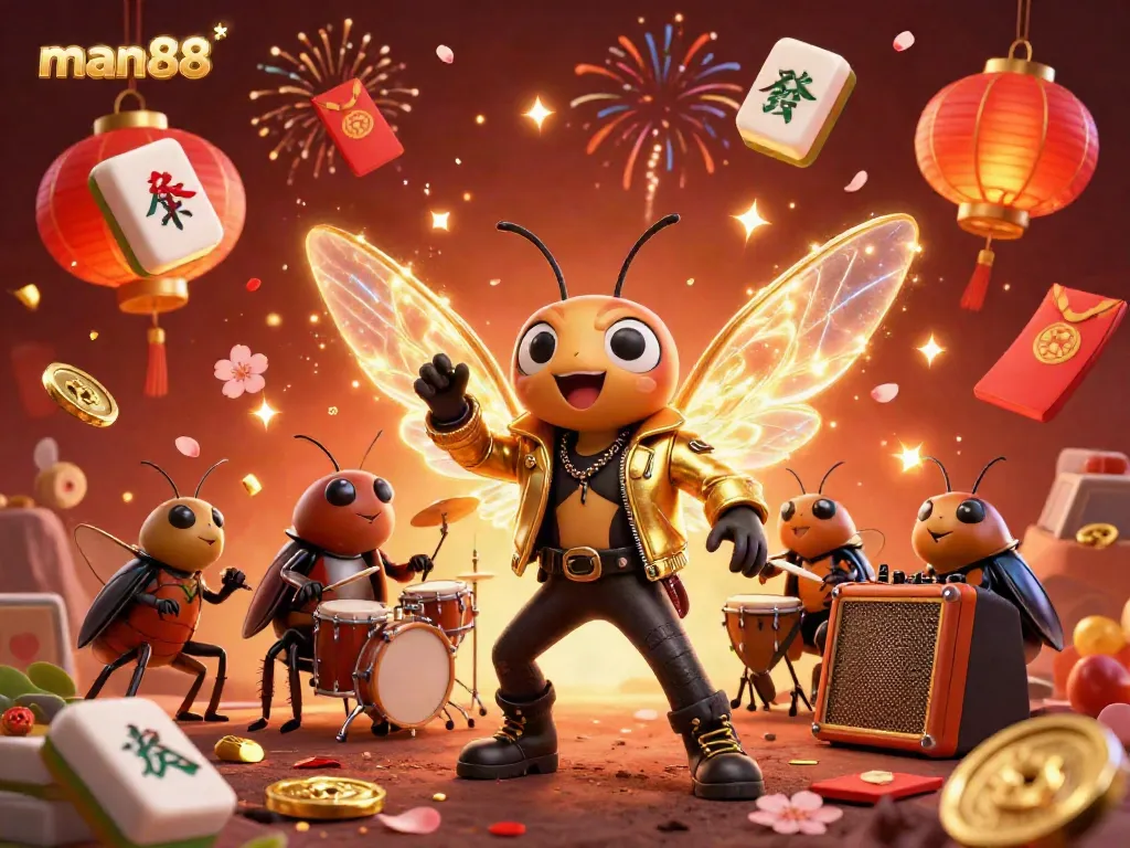 Experience the vibrant world of man88 casino with a lively cicada rock star and dynamic gaming elements in 3D.