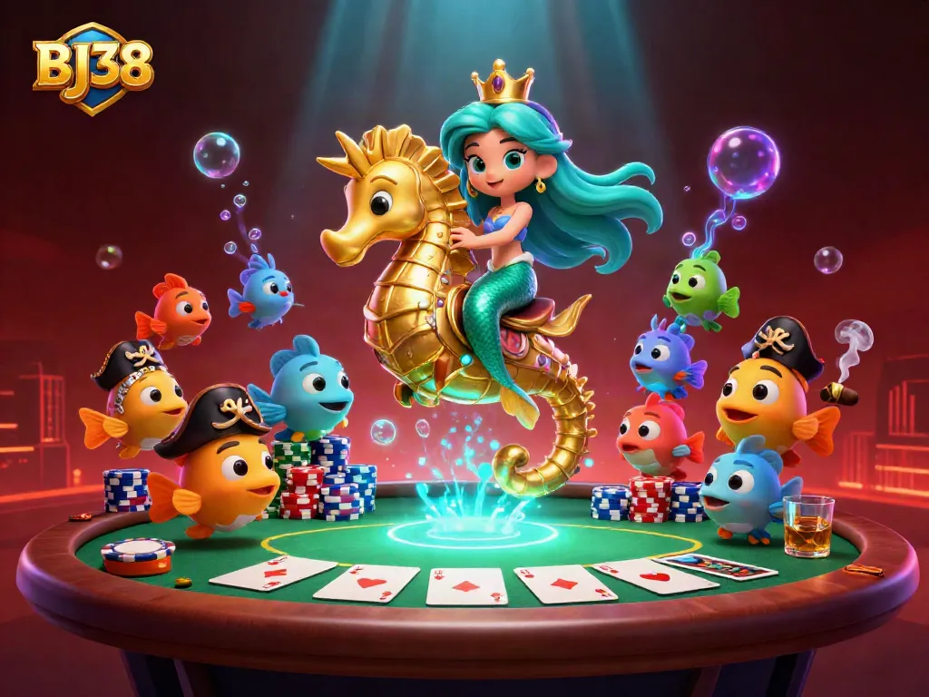 BJ38 poker enthusiasts enjoy an underwater gaming adventure with colorful characters at the casino.