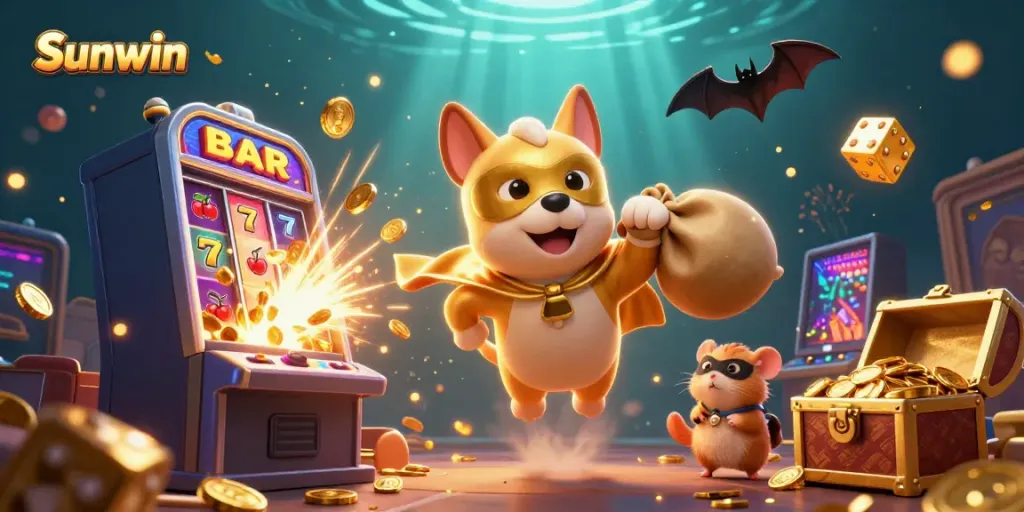 Experience the excitement of Sunwin with a superhero dog and hamster amidst a vibrant casino explosion.