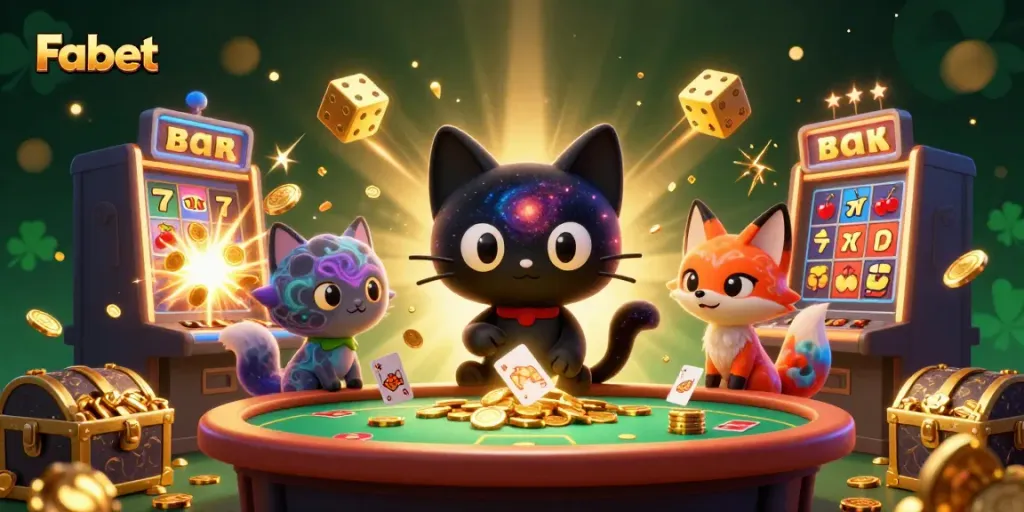 Fabet casino experience illustrated with a cosmic black hole cat and colorful elements bursting with winnings.