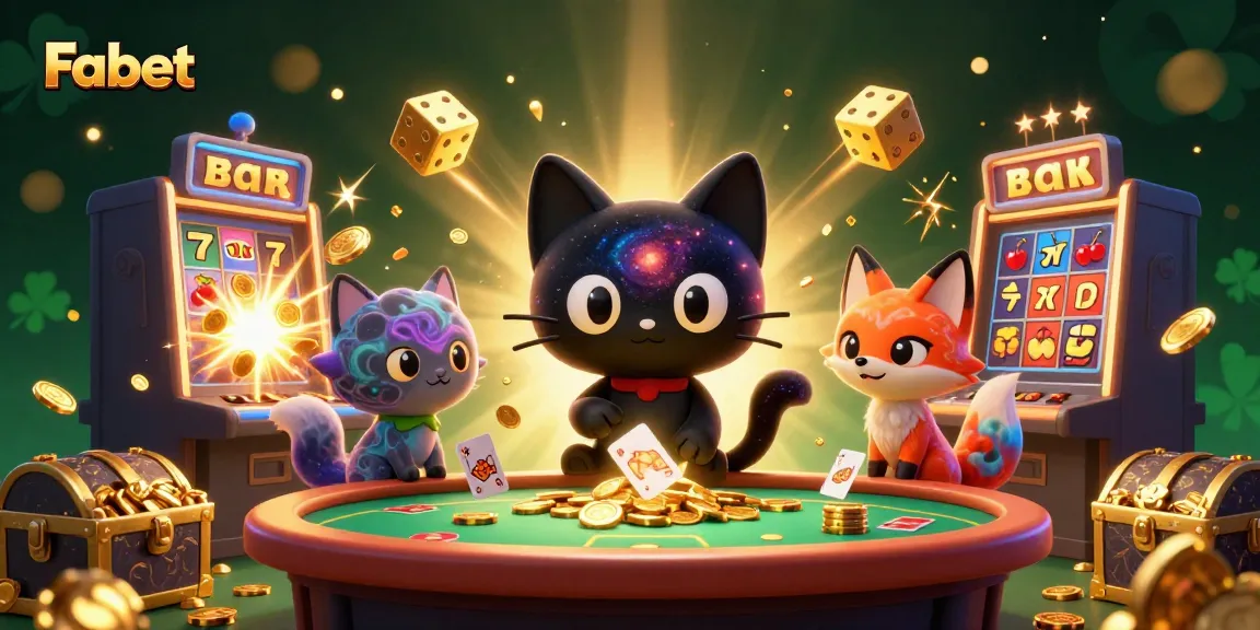 Fabet casino experience illustrated with a cosmic black hole cat and colorful elements bursting with winnings.
